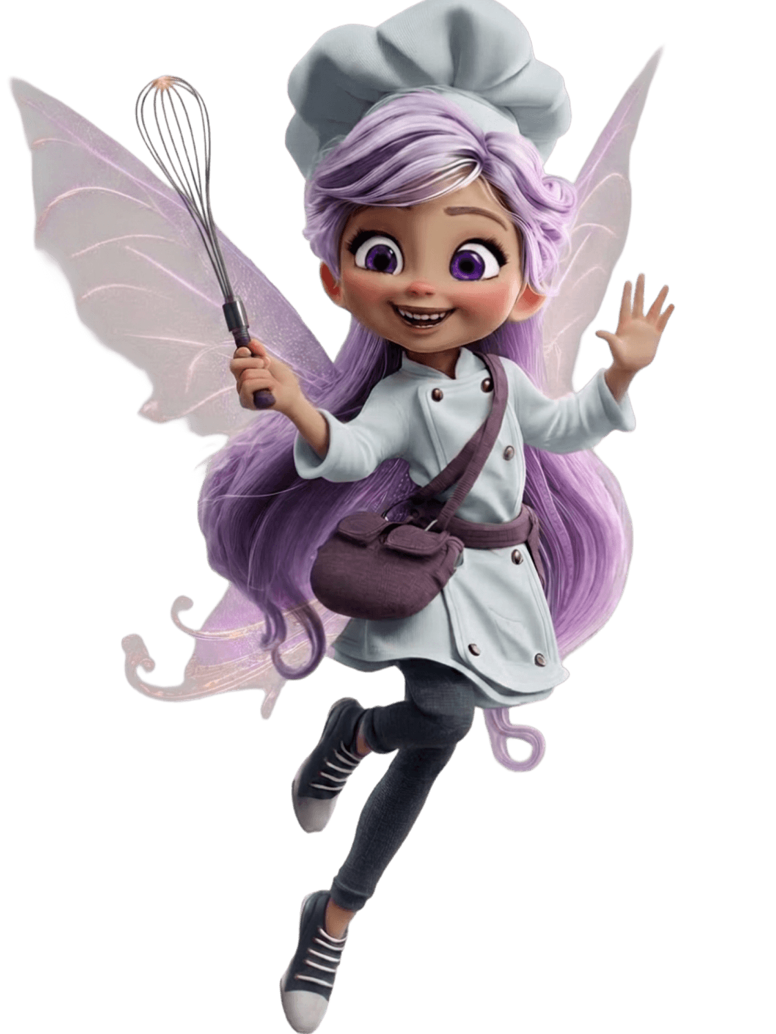 Pyxi, a pixie chef with lavender hair and fairy wings, waving hello with her whisk