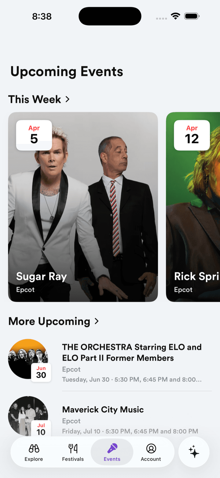 The events screen in WDW Planner listing upcoming concerts and entertainment